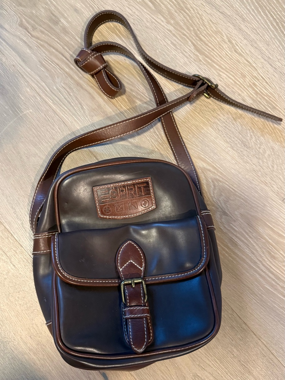 Vintage Esprit Brown Crossbody Bag Plaid Flap Logo Patch Adjustable Strap